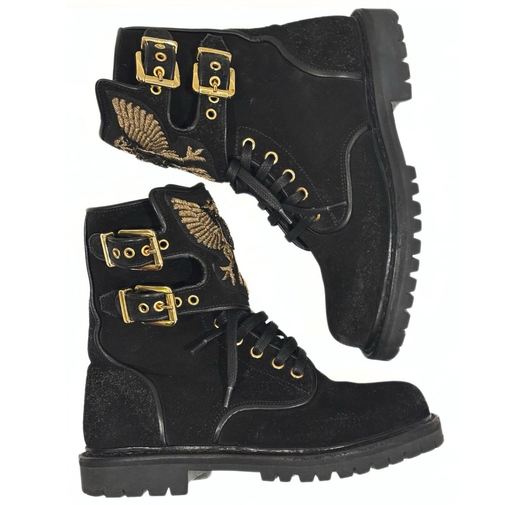Balmain Black Suede Eagle Ranger Combat Ankle Boots